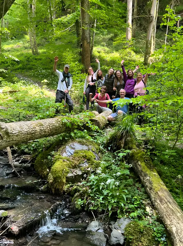 Groupe au bord du ruisseau en forêt